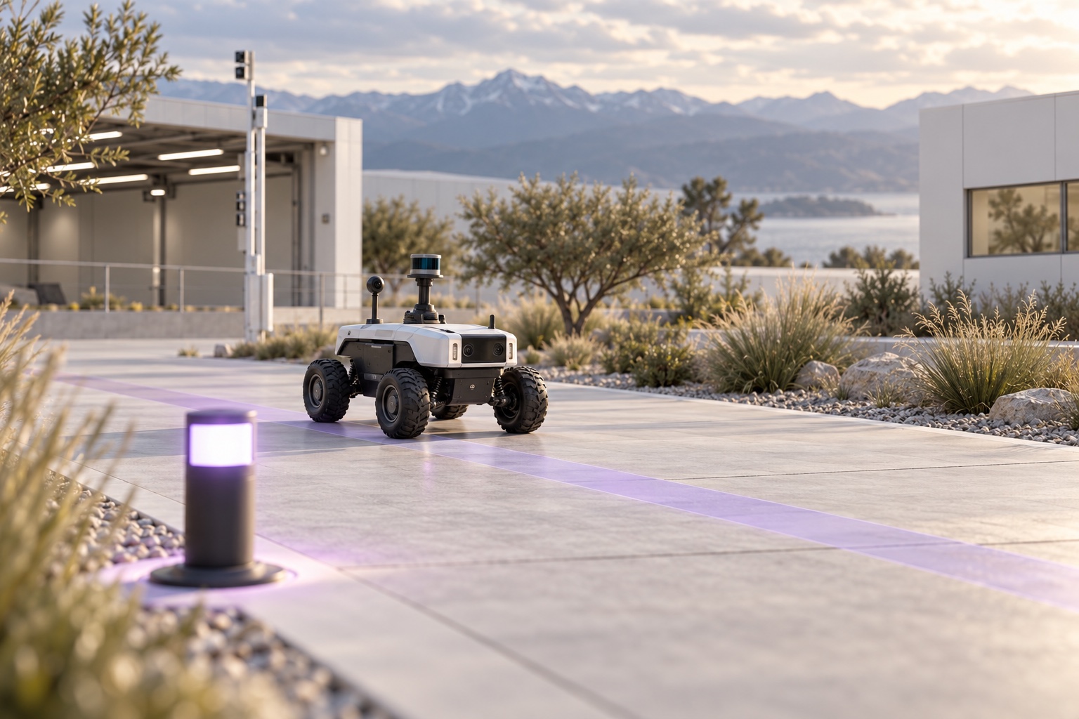 A compact rover beside an illuminated route marker in a synthetic outdoor robotics campus